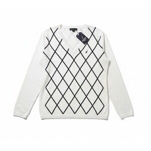Nautica Argyle V-Neck Sweater Cotton White with Diagonal stripes Women's Size XL
